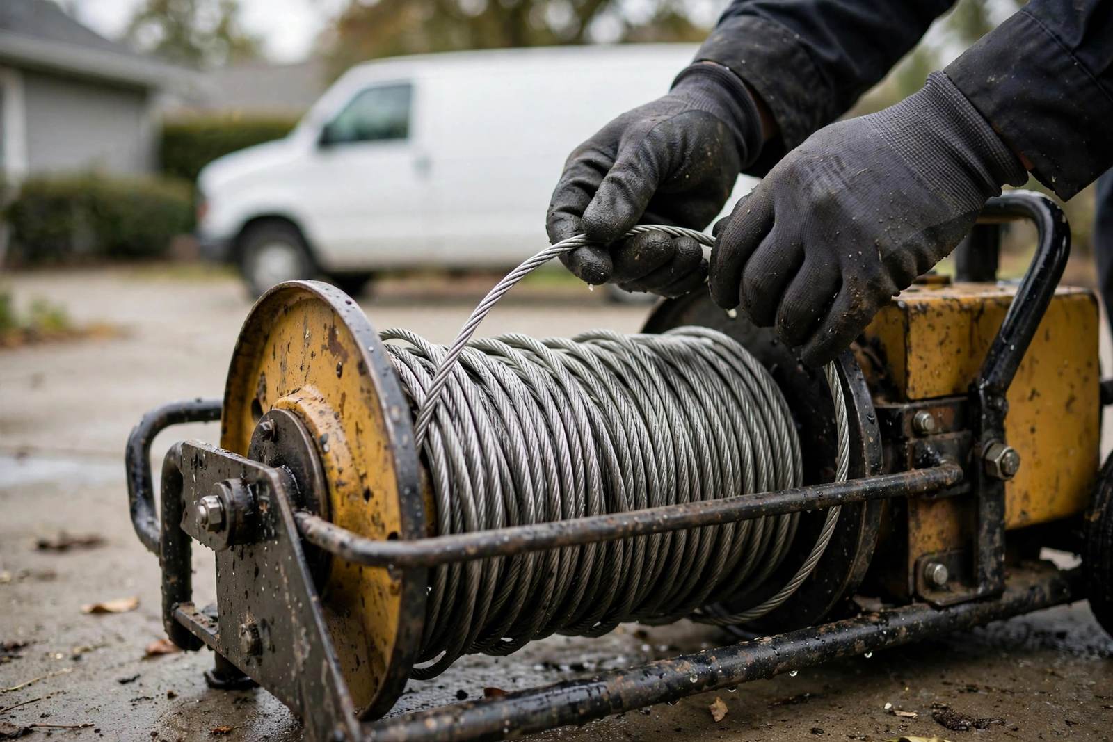 Gloved hands winding cable onto a drain machine reel beside a work van