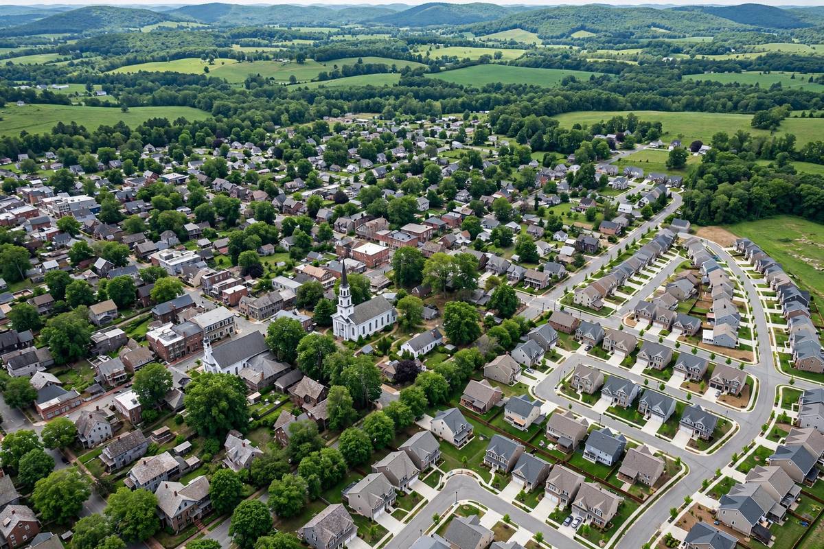 Aerial view of a small town with older blocks and newer subdivisions among farmland