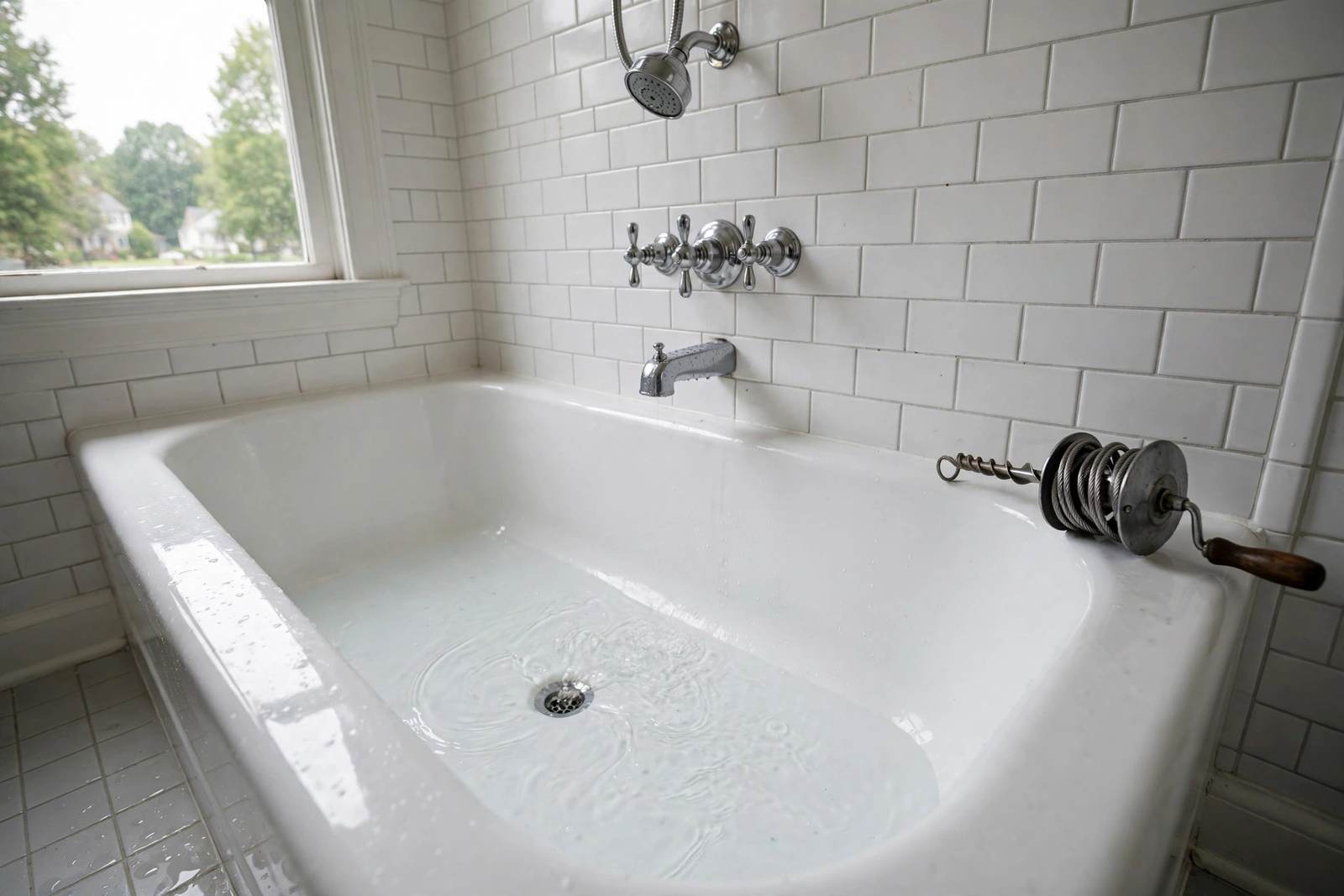 Empty white bathtub with a hand auger resting on the rim