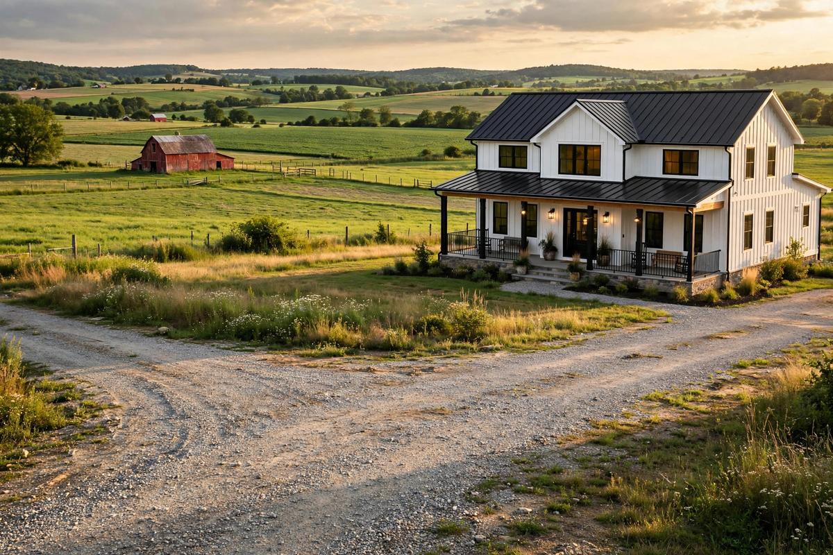 Newer farmhouse-style home on a rural lot with a gravel drive