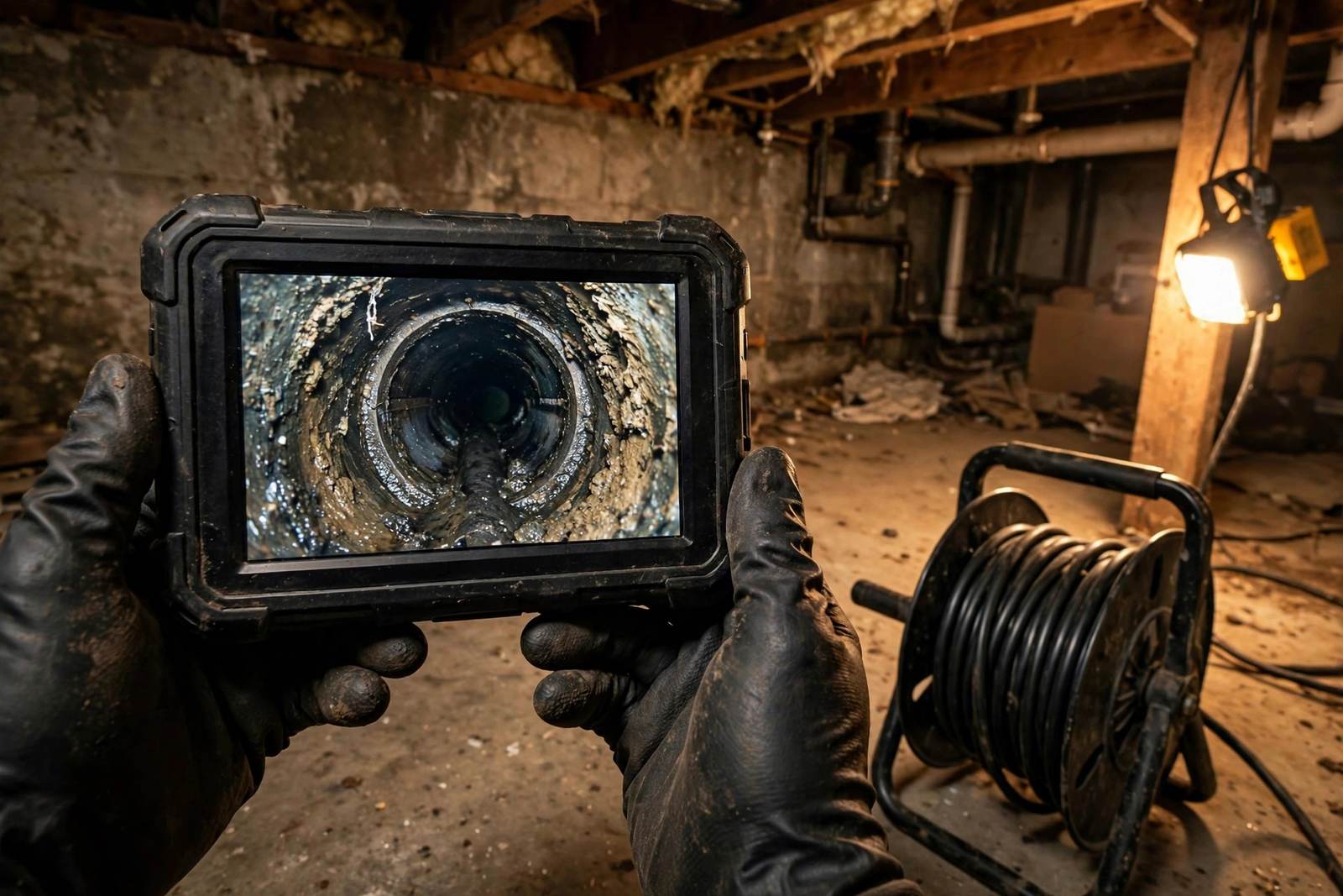 Gloved hands holding a drain camera monitor showing the inside of a pipe
