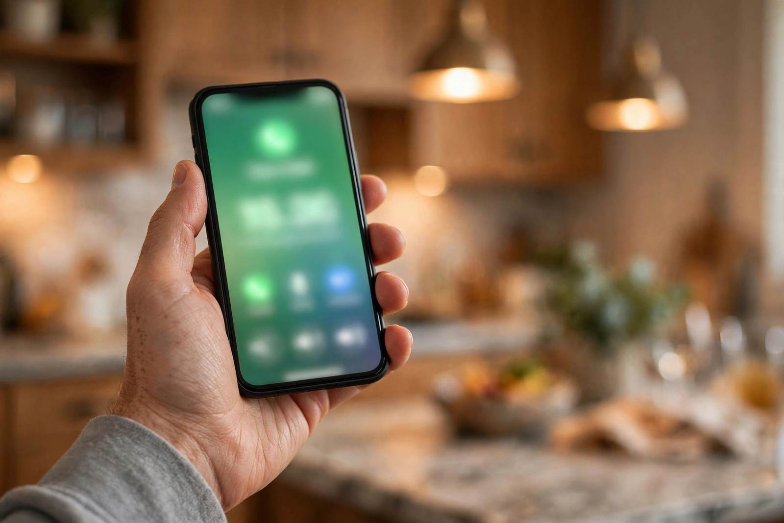 Hand holding a phone during a call in a home kitchen