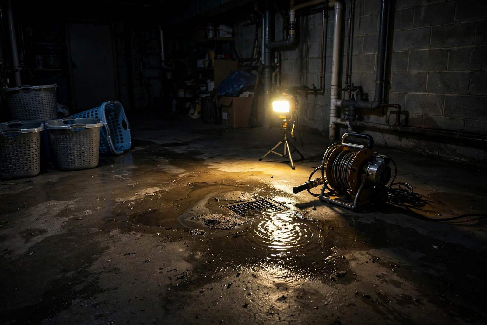 Dark basement with a wet floor, a work light and a drain cable reel