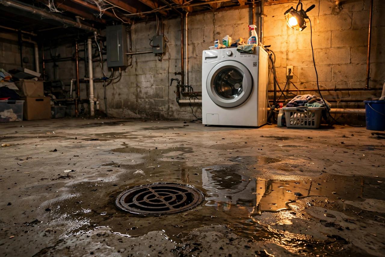 Basement floor drain with standing water near a washing machine