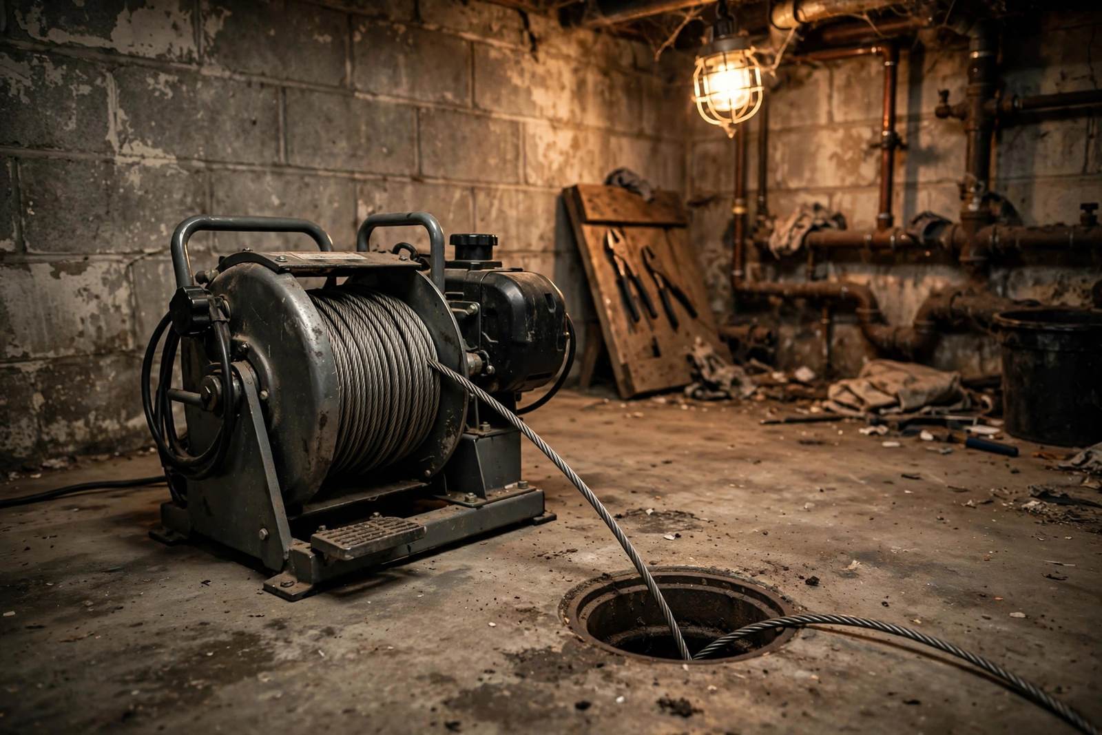 Drain cable machine beside an open basement floor drain