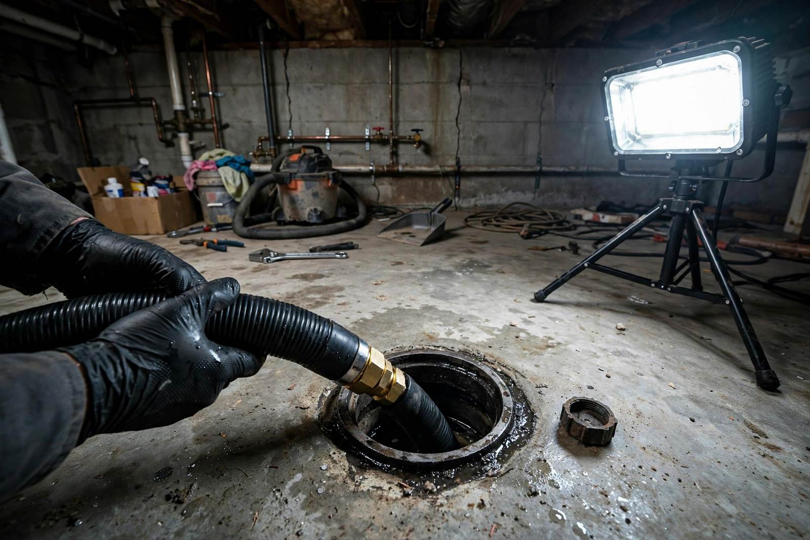 Gloved hands feeding a jetting hose into an open floor drain