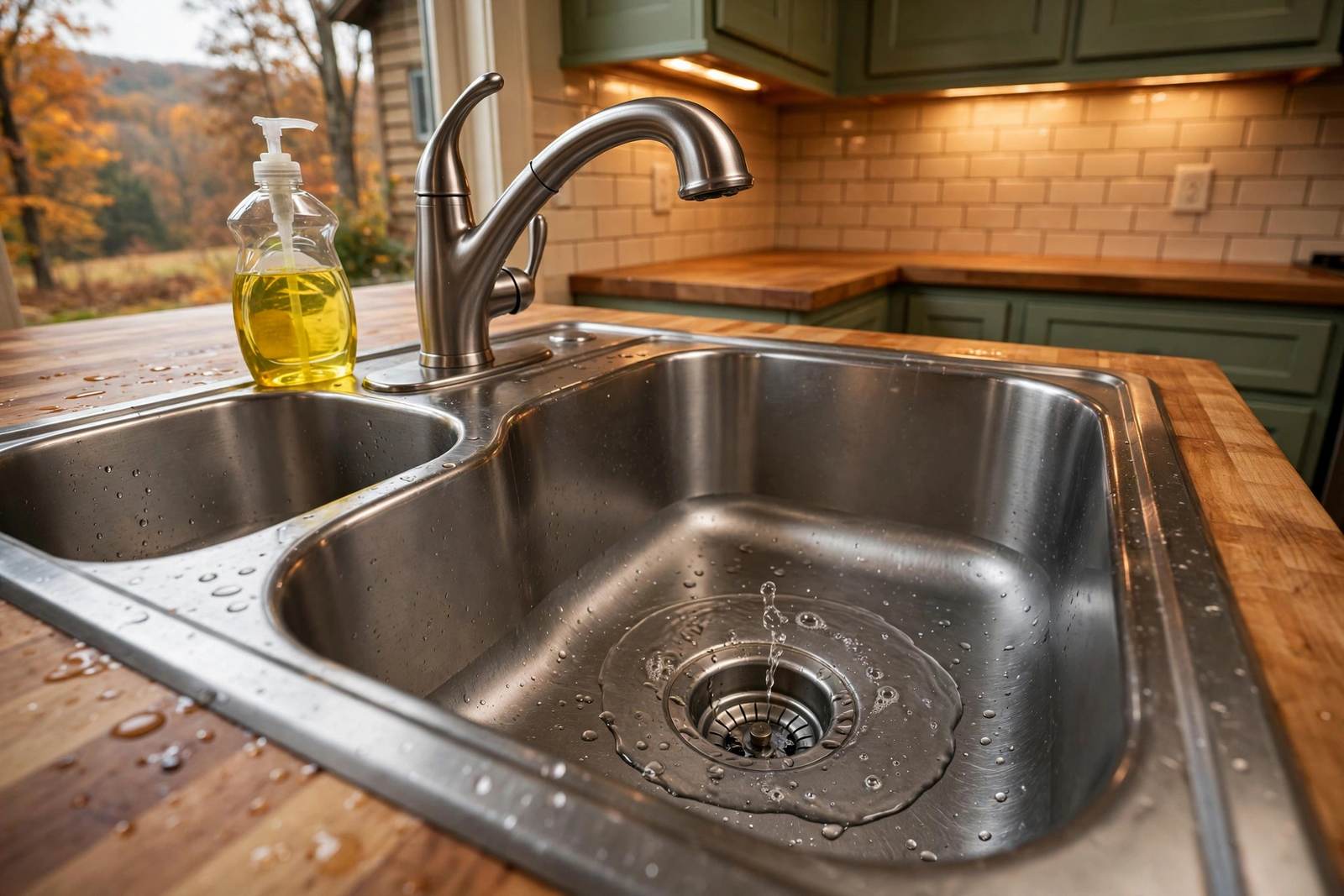 Stainless double kitchen sink with water around the drain