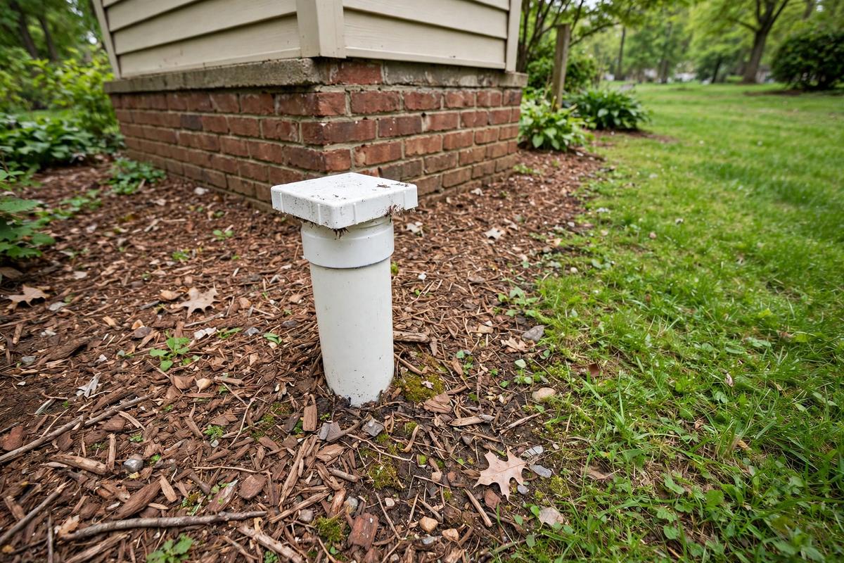 Outdoor drain cleanout pipe beside a brick foundation