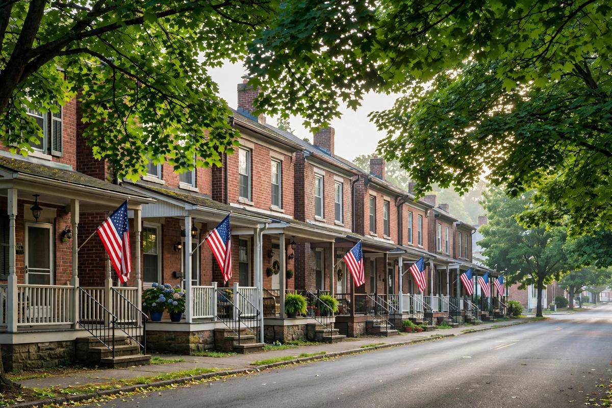 Older brick row homes with front porches on a tree-lined street
