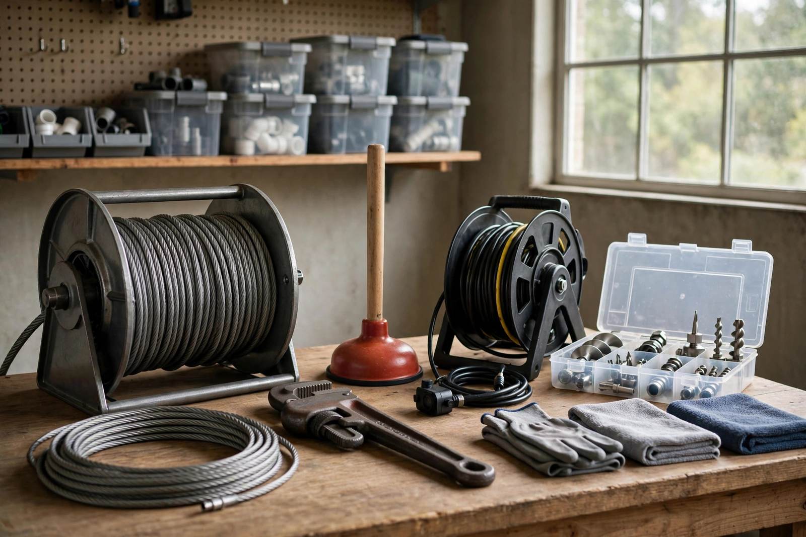Drain cleaning tools laid out on a workbench