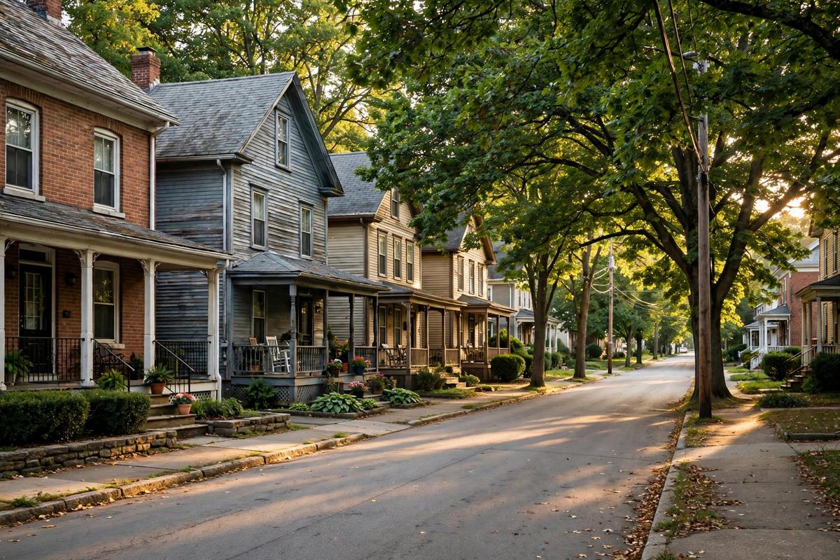 Older brick and frame homes along a tree-lined residential street